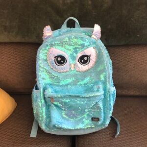 Girls Owl Book bag blue Sequins side front pockets Justice kids school backpack